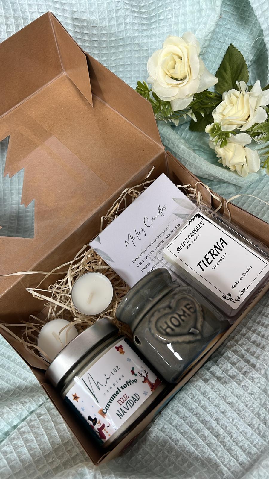 Kit Navideño Artesanal – Vela Caramel Toffee, Quemador Home y Waxmelts