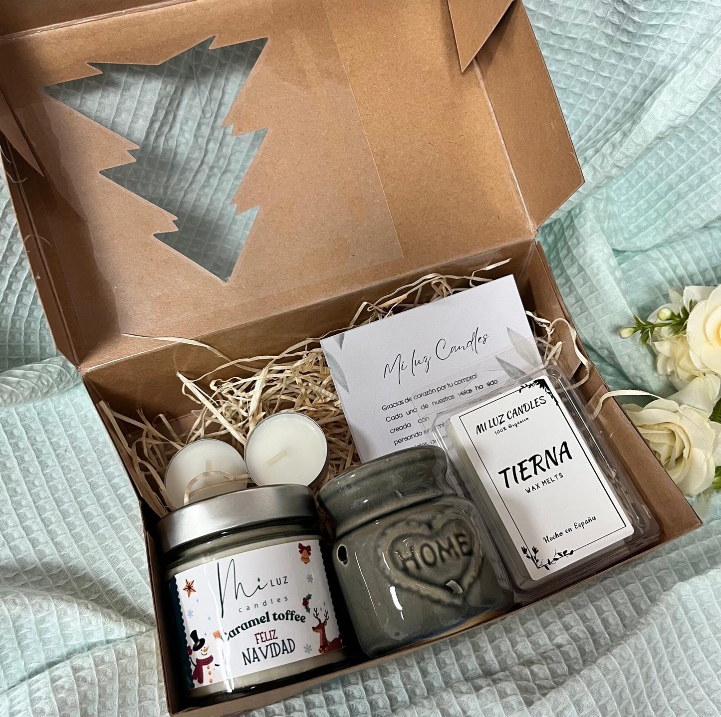 Kit Navideño Artesanal – Vela Caramel Toffee, Quemador Home y Waxmelts